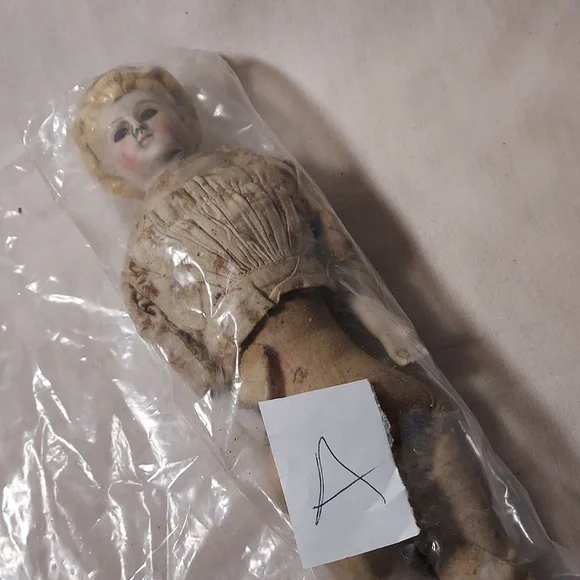 Antique China Head Doll with Blonde Hair & Blue Ribbon in Hair Partial Body